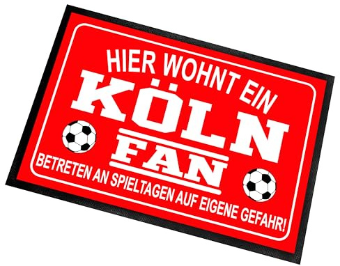 Herzbotschaft Fußmatte für Fußball Fans | Türmatte mit Spruch | 60x40cm | Hier wohnt EIN Köln Fan - Betreten an Spieltagen auf eigene Gefahr! | für innen und außen | Vorleger für die Haustür/Flur