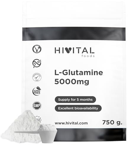 L-Glutamina 5000 mg para 5 meses de tratamiento. 750 gramos del Aminoácido Glutamina, 100% Vegano, en Polvo y Sin Sabor. Fabricado en España por HIVITAL