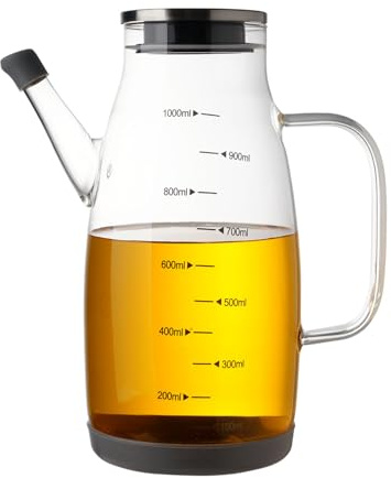 Large Glass Oil Dispenser Bottle for Kitchen Cooking Recipiente para Aceite De Cocina Olive Oil Vinegar Dispenser Cruet Lid No Drip Liquid Container (Clear, 1 Litre)