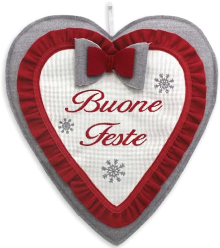 Fuori porta natalizio cuore con ricamo buone feste, fuori porta con tela aida ricamata, fuori porta natalizio con ricamo, fuori porta natalizio, cuore rosso e grigio con ricamo