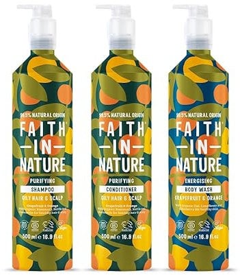 Faith In Nature - Natural Shampoo, Conditioner & Body Wash Set Aluminium Bottles - Vegan & Cruelty Free, No SLS or Parabens - 3 x 500ml, Grapefruit & Orange