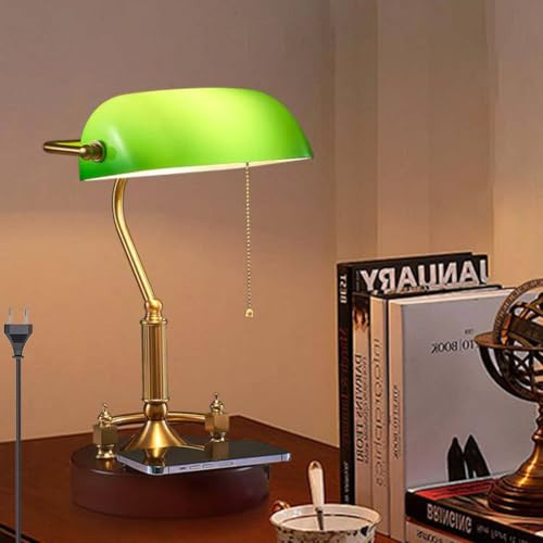 LOGT LED Holz Tischlampe mit Steckerkabel Grün Glas Banker Schreibtischlampe mit Kabellosem Ladegerät USB Tischleuchte Retro mit Ladefunktion Antikes Leselampen Zugschalter 3 Helligkeitsstufen