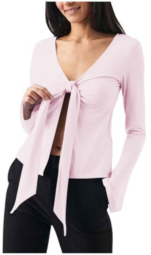 Tshirt Damen Leicht Und Luftig, Günstig Sexy T-Shirt Mit Langen Ärmeln Und Schleife Zum Binden Slim Fit, Sonderangebot Bluse Weich Bequem, Shirt Top Casual Fashion, Oberteile Elegant Schick