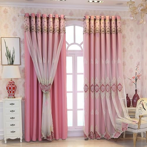 Wycian Querbehang Gardine Kurz Kurze Gardinen Verdunkelung Rosa 2er Pack Doppellagig Bestickt H115 x B96 cm (2er Pack) Polyester