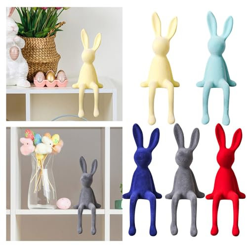 Osterdeko Deko Hase Sitzend beflockt Osterhase Frühling Osterdeko für Tisch Fensterbank & Wohnzimmer Dekorativer Putziger Osterhase Hasi mit Beflockte (D, One Size)