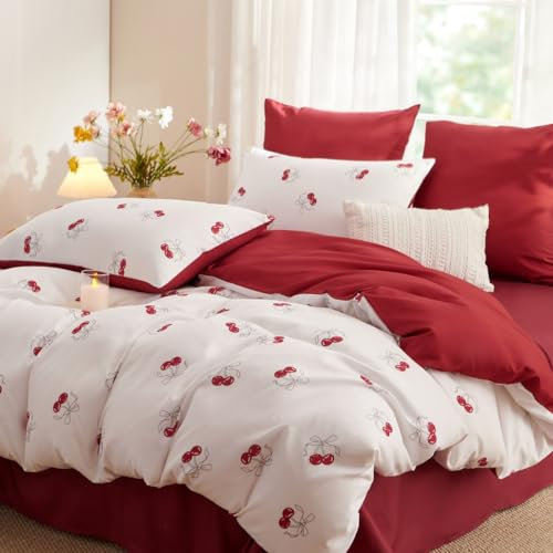 Lanqinglv Bettwäsche 135x200 Mädchen Rot Weiß Kirschemuster Kinder Bettwäsche aus Microfaser,ÖKO-TEX Bettwäsche Set Allergiker - Wende Bettbezug Reißverschluss und 1 Kissenbezug 80x80 cm