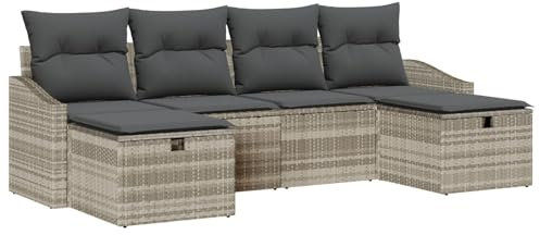 vidaXL 6-teiliges Garten-Sofa-Set mit Kissen in Hellgrau aus Poly-Rattan. Modulares Outdoor-Möbel für die Terrasse mit viel Stauraum und bequemen Sitzgelegenheiten für Deine Gartenlounge.
