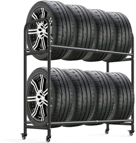 Hershii 2-Tier Mobile Tyre Storage Rack with Wheels for 8 Tyres Heavy‑Duty | Garage Shelving Unit Adjustable Metal Car Tire Display Stand for Garage Workshop Warehouse, (63-108) X 39 X 112cm, Black