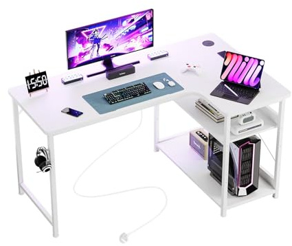 GTPLAYER L Shaped Gaming Desk, 110×80cm Computer Corner Desk with Power Outlets, Storage Shelves, Headphone Hook, Desks & Workstations for Home Office Play Study