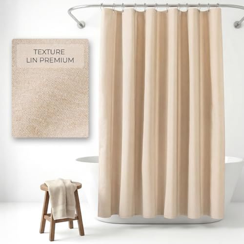 NESTN® Duschvorhang 180x180cm Beige – 230 GSM Leinen Wasserdicht Waschbar | 230 GSM Stoff – kein Kleben am Körper, 100% wasserdicht, 12 Metallösen mit Kugellager, maschinenwaschbar