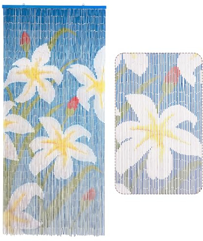 Handmade White Lily Flower Wooden Beaded Curtain for Doorways, 79 x 36 | Hanging Door Curtain, 90 Strings, Boho Style Privacy Divider Decor, Farmhouse Beaded curtain, Hanging Hook Included