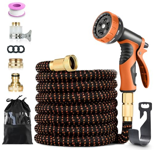 Tuyau Arrosage Extensible 50FT avec Pistolet 10 Fonctions, Raccords 1/2'' & 3/4'', Embout Plaqué Cuivre, Crochet et Sac, Tuyau d'Arrosage Anti-Fuite et Anti-Torsion pour Jardin, Orange