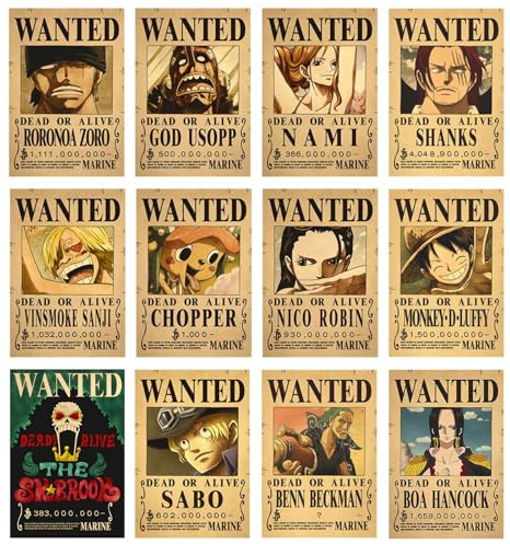 12 PCS Anime Poster, Strohhut Piraten, Wanted Bounty Poster Deko, Anime Manga Compilation Collection, Japanese Manga Vintage Kunstdrucke für Zimmer Wohnzimmer Schlafzimmer (28.5 * 19cm)