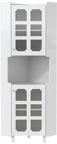 Armoire d’angle laquée avec éclairage LED piloté par application, rangement 3 zones, portes vitrées embossées, niche centrale ouverte, structure MDF, sécurité anti-basculement, polyvalente (Blanc)