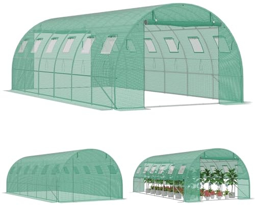 Aufun Gewächshaus 600x300x200 cm Foliengewächshaus Winterfest, Tomatenhaus mit 12 Fenstern & 2 Tür, 140g/m² PE-Folie, Folientunnel mit verzinktem Stahlrahmen,Treibhaus für Garten, Balkon & Anzucht