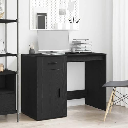 SooIarix Schreibtisch mit Speicher Schwarz Eichen-Optik Holzwerkstoff 100 x 49 x 74 cm mit Schublade und Tür ideal als Computertisch Gaming Tisch Möbel für Arbeitszimmer