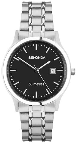 Sekonda Mens Davies Classic 42 mm Stainless Steel Silver Watch With Black Dial 3 Hand 50 m Waterproof Folding Clasp Bracelet With Date Window And Minute Track