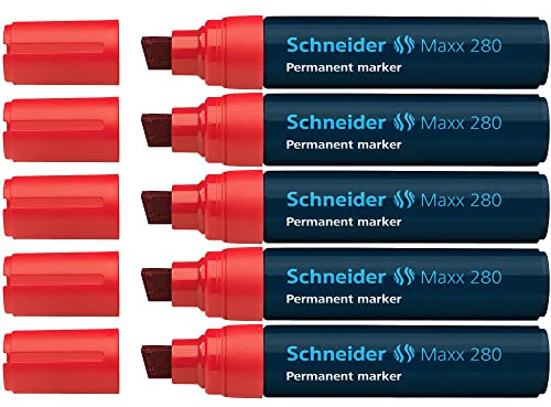 Schneider Maxx 280 Permanent-Marker mit Keilspitze (Strichstärke: 4+12 mm, nachfüllbar) 5er Packung rot