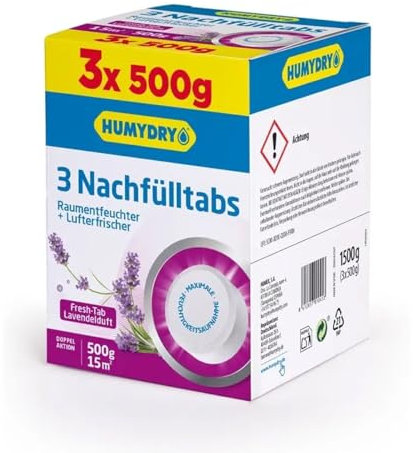 HUMYDRY Nachfüllpack TAB 3x500g mit Lavendelduft für Luftentfeuchter ohne Strom | Absorbiert zu hohe Feuchtigkeit in mittelgroße Räume wie Küche, Bad, Schlafzimmer | Beseitigt Feuchtigkeit
