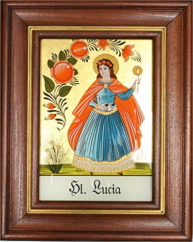 Hinterglaswerkstätten - Hinterglasbild/Patronatsbild Hl. Lucia mit braun gebeizten Holzrahmen, handbemalt mit Legende des Heiligen auf der Bildrückseite, ca. B: 12,5 x H: 16 cm
