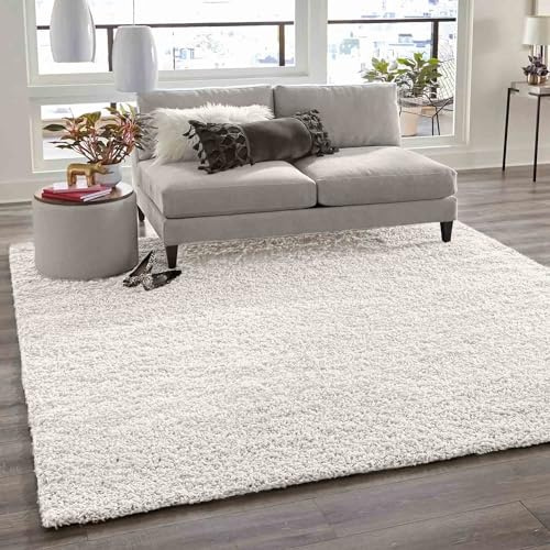 VIMODA Teppich Prime Shaggy Hochflor Einfarbig Weiss Creme Weich für Wohnzimmer, Schlafzimmer, küche, Maße:Ø 80 cm Rund