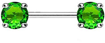 beyoutifulthings Brustwarzen-Piercing 2 Grosse RUNDE ZIRKONIA Brust-Piercing Nippel-Piercing Edelstahl Silber Grün Stab 1,6mm 14mm