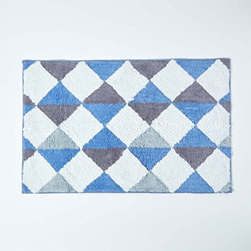 Homescapes Badematte rutschfest, waschbarer bunter Badteppich, 100% Baumwolle, Antirutsch Badvorleger mit Harlekin-Muster, Große Duschmatte im Pastell Farben 50 x 80 cm, blau und weiß