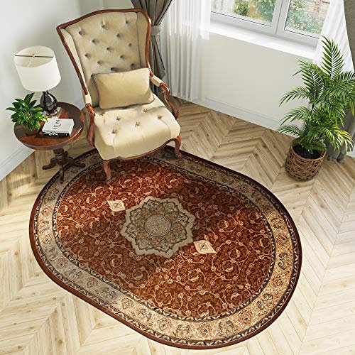 TAPISO Yesemek Teppich Oval Wohnzimmer Kurzflor Klassisch Gemustert Oriental Floral Ornament Braun Bordüre Design Schlafzimmer ÖKOTEX 70 x 140 cm