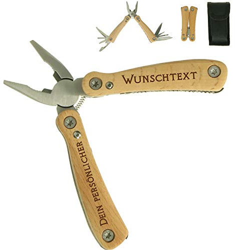 Personalisiertes Taschenmesser 'Wood' klein - Geschenk zum Vatertag - Multifunktionswerkzeug aus Edelstahl mit Buchenholzgriff - Camping Zubehör mit 8 Tools - Geschenkidee für Männer