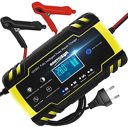 HAUSPROFI Chargeur de Batterie Voitures Intelligent 8A 12V/24V avec Ecran Tactile LCD,Chargeur Batterie Automatique Fonction Réparation pour Auto,Moto,Camion,Tondeuse à Gazon (Batteries 6Ah-150Ah)