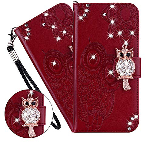 LEMAXELERS iPhone 12 Mini Hülle,iPhone 12 Mini Handyhülle Glitzer Diamant Eule Blume Prägung Flip Case PU Leder Cover Magnet Schutzhülle Ständer Handytasche für iPhone 12 Mini 5.4 Zoll,YK Owl Brown