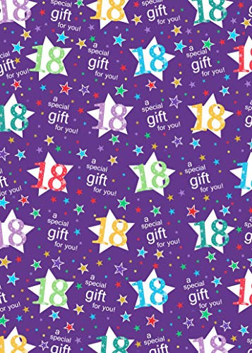 Geschenkpapier zum 18. Geburtstag, Violett, 4 Bögen + 4 Geschenkanhänger, Alter 18 Jahre, Unisex/männlich/weiblich, Geburtstagsgeschenkpapier, mehrfarbig (PA)