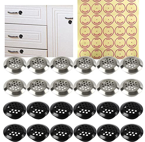 DailyTreasure 24 Stk Edelstahl Lüftungsgitter Rund, 25mm Abluftgitter Rund 2 Farben Lüftungsgitter Rund Edelstahl Rund Belüftungsgitter für Schrank/Badezimmer/Küche (Schwarz Silber)