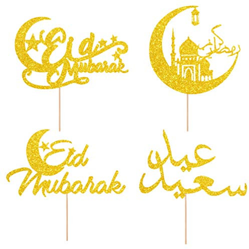 PRETYZOOM 4 Stücke Ramadan Cake Topper Glitzer Kuchen Topper Mond Cupcake Picks Party Kuchendeko Kuchendeckel Topper für Eid Mubarak Dekoration Ornamente Muslimische Deko Muslim Islam Geschenke