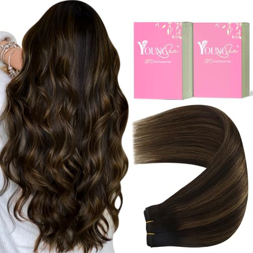 YoungSee Echthaar Tressen zum Einnähen Balayage Braun 45 CM Tressen Echthaar Dunkelbraun Ombre Mittelbraun Weft Extensions Echthaar Tressen Remy Haartressen Echthaar 100g #2/2/6