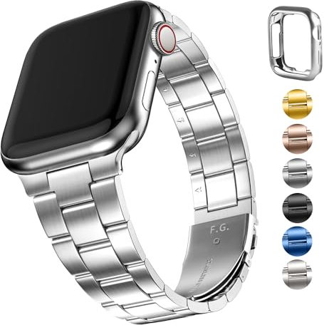 Fullmosa Bracelet Compatible avec Apple Watch 44mm 45mm 42mm Manuel Bracelet iWatch en Acier Inoxydable avec étui pour Apple Watch SE/SE2 Series 9/8/7/6/5/4/3/2/1 Hommes Femmes 42mm/44mm/45mm Argent