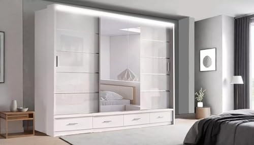 IE INTERIOR EMPORIUM Florence High Gloss 2 and 3 Sliding door wardrobe in 3 colors & 2 sizes 205cm/256cm (256cm, White)