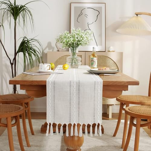 Wracra Hohlsaum Baumwolle Leinen Tischläufer aus Gewebter gehäkelter Beige Tischläufer 180cm lang mit Handquasten für Esszimmer Küche Party und Desserttischdekoration(Beige, 180cm)