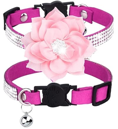 haoyueer Collier en strass pour chien et chat avec clochette en velours doux et cristal pour fille (rose vif-1)