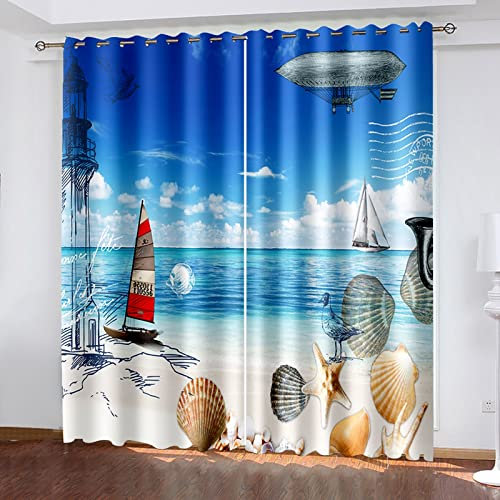 AMDXD Rideau Opaque Bleu, Vitrage Rideaux Coquilles de Voilier Bord de Mer Plage Rideau Polyester 264x214cm