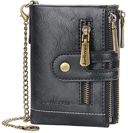 aolaso Mens Wallet with Chain, PU Faux Leather Bifold Wallet for Men Double Zipper Coin Pocket Purse Double Anti-Theft Men