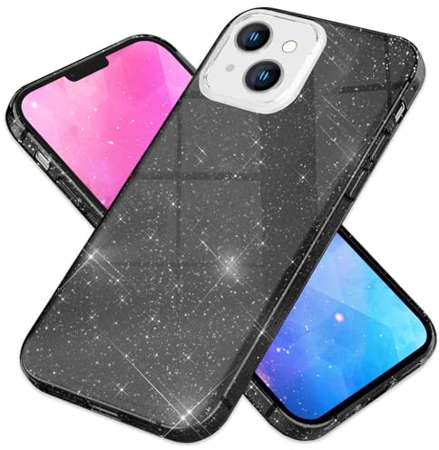 NALIA Glitzerhülle für iPhone 14 Plus - Hülle, Schwarz | Partikel fest im Material eingeschlossen, 3-Schicht-Schutzaufbau mit Hardcase-Kern, Erhöhter Kamerarand, SHINEPOP