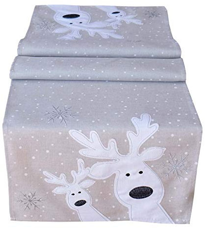 texpot Tischläufer 40 x 85 cm Ecru weiß Silber, lustiger Elch, Rentier, Tischdecke, Weihnachten Weihnachtsdeko Weihnachtstischdecke