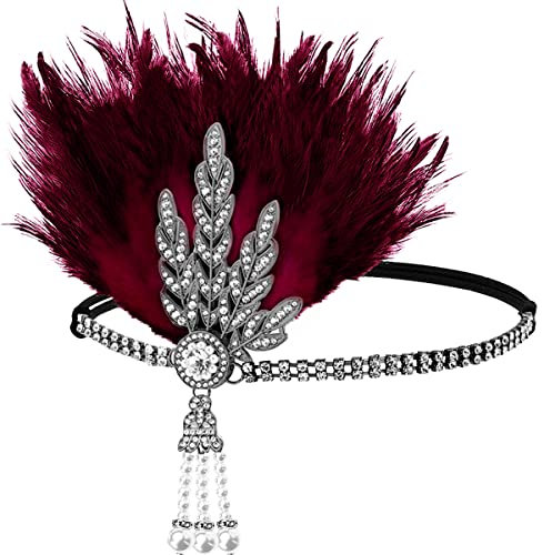 FERCAISH 1920er Jahre Flapper Stirnband, Brüllende 20er Jahre Rote Feder Kristall Haarschmuck für Frauen, Bachelor Party (Rot)