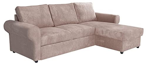 Mirjan24 Eckcouch Usero Cord mit Bettkasten und Schlaffunktion, Polsterecke mit abgerundete Armlehnen, Ecksofa Bettsofa, L-Form Sofa, Couch, Schlafcouch, Polstergarnitur (Poso 145)