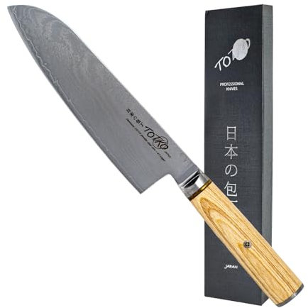 Totiko Coltello da Cucina Professionale in Acciaio Damasco Giapponese da Carne, Pesce, Verdura, Lama 18cm, Santoku Damascato, Manico in Resina Pakkawood - Yamomoto Japan Knives