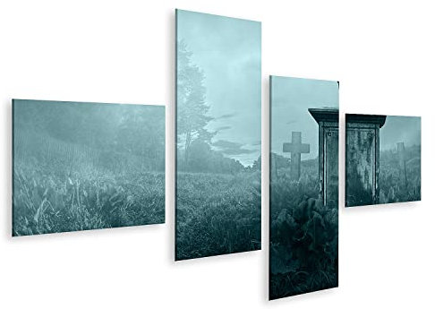 islandburner Bild auf Leinwand Krähen Grabstein Goth Friedhof Gruselig Bilder Wandbilder Poster ILHF-4LP