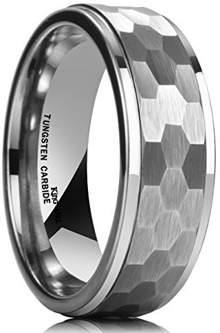 King Will HAMMER 8mm Silver Tungsten Ring Hammer Comfort Fit Faceted Men Wedding Band Polished Step Edge 8.5