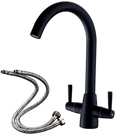Kitchen Taps Mixer Matte Black 1 Hole High Arch Monobloc Brass Material Dual Lever for Kitchen Sink Deck Mount Easy to Install