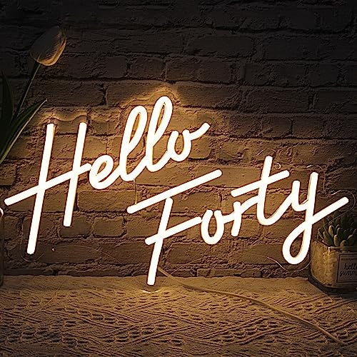 Hello Forty Neon Sign 16.5 * 9.4in - Dimmable LED Wall Decor, 40th Birthday Gifts for Bedroom/Office/Beauty Salon (USB Powered, Shatterproof)